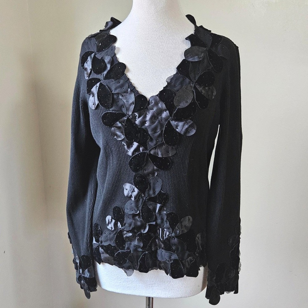 Vintage 90s Y2K Nygard Collection‎ Black Ribbed Embellished Silk Sweater Top L